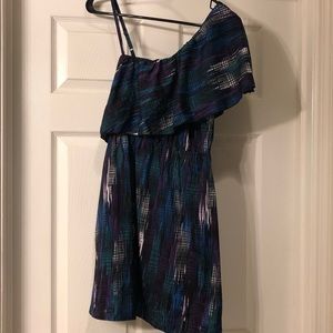 Multi colored, one shoulder dress.